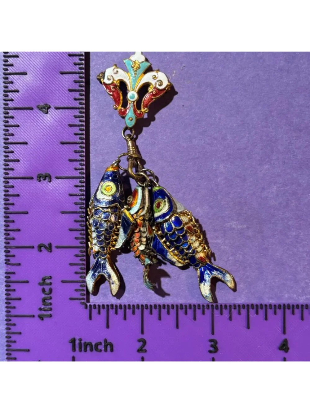 Cloisonné Enamel Three Fish Dangling from Fleur-de-lis brooch Brooch Statement
